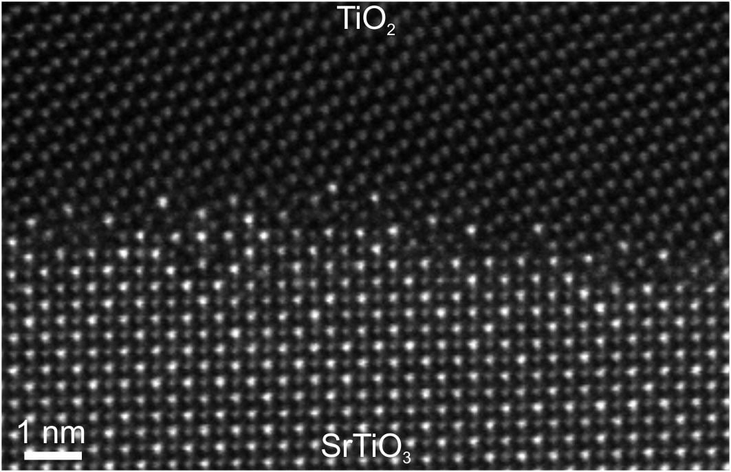 HAADF-HRSTEM image of the TiO2-SrTiO3 interface recorded at 300 kV accelerating voltage