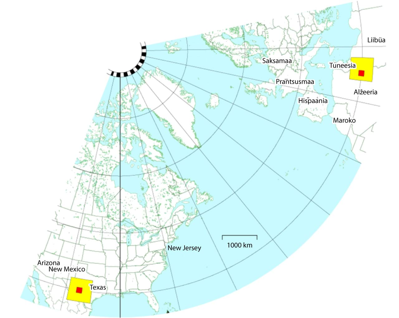 Põhja-Ameerikasse joonistatud ruut, toodaks fokusseerivate päikesepaneelidega kaetuna piisavalt energiat, et anda $500$ miljonile elanikule Ameerika keskmise energiatarbe $250\, \mathrm{kWh/päevas}$
