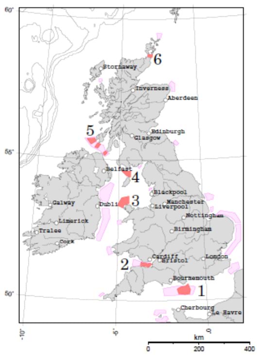 Briti Saarte ümbruses asuvad paigad, kus maksimaalne tõusuvoog ületab $1\, \mathrm{m/s}$