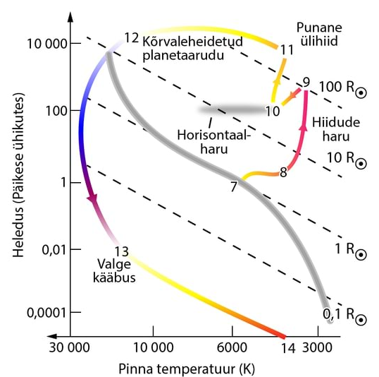 Päikesesarnase tähe areng H-R diagrammil punasest ülihiiust planetaaruduks ja sealt edasi jahtuvaks valgeks kääbuseks